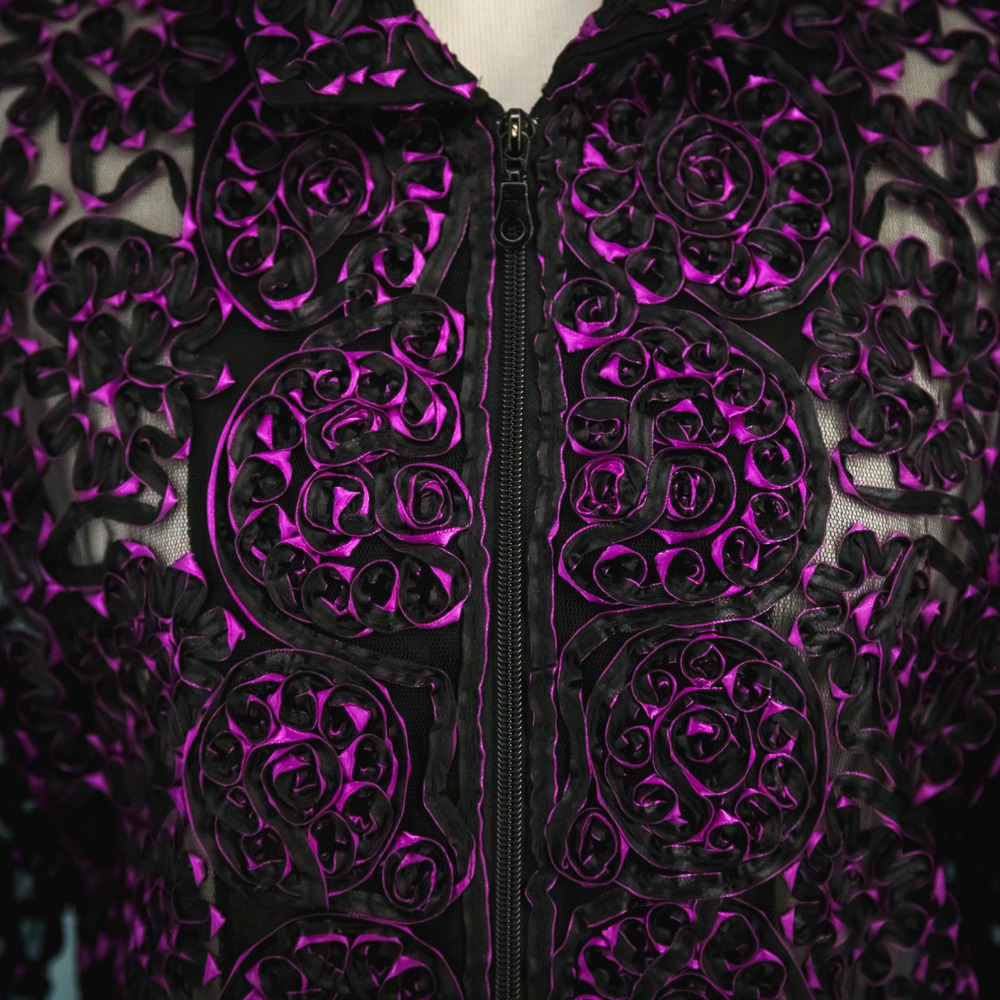 Damee Inc Size Large L Black Purple Ribbon Mesh Semi-Sheer Zip Dress Jacket - Picture 2 of 6
